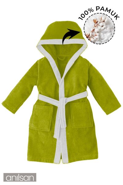 Anılsan Yeşil Ve Beyaz %100 Pamuklu Çocuk Bornozu - 2-4 Yaş - Yumuşak, Nefes ...
