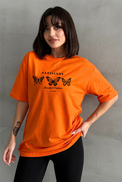 Stendhal Tricou supradimensionat pentru damă, portocaliu, cu imprimeu fluture...