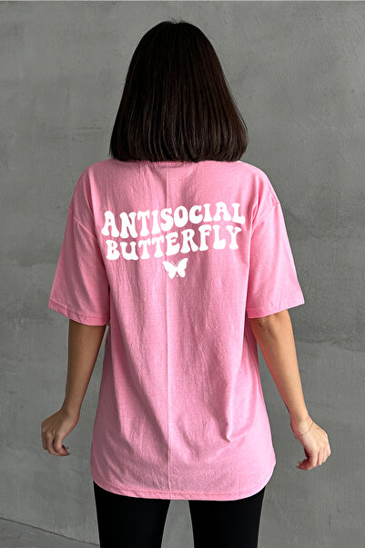 Stendhal Tricou oversize pentru damă, roz, antisocial, cu imprimeu cu fluturi