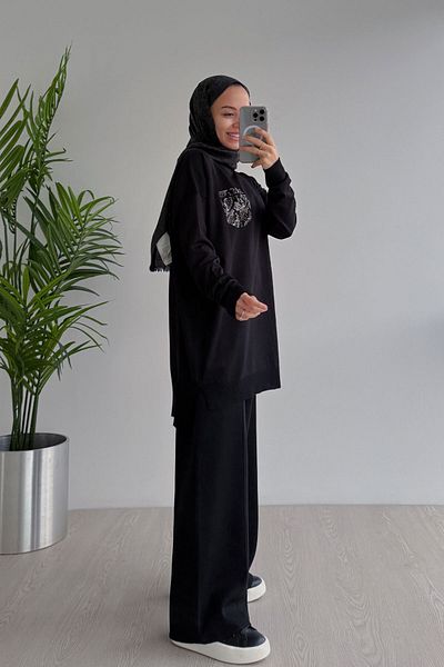 Ka Hijab Stoned Pocket Mercerized Hijab Set - Black