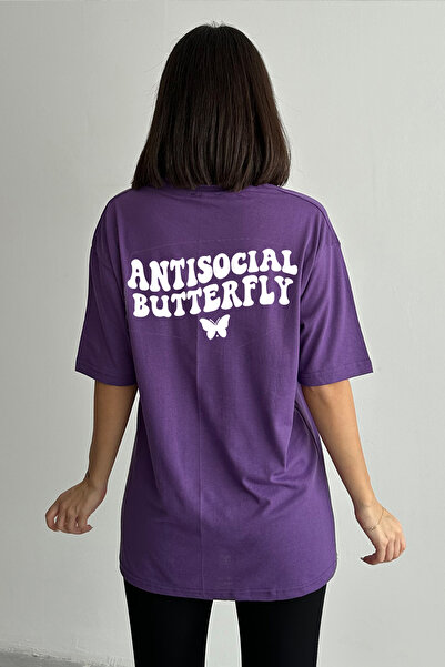 Stendhal Tricou oversize pentru damă, mov, antisocial, cu imprimeu cu fluturi