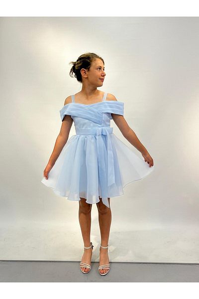 BUTİKHAPPYKİDS Blue Chiffon Evening Dress - Girl, Off Shoulder, Strap, 10-14 Years