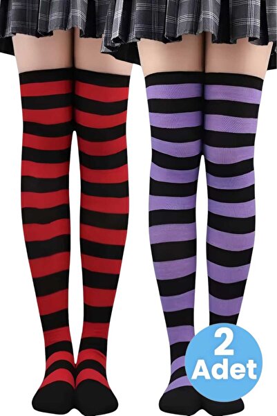 Trenderrs Дамски чифт от 2 дебели раирани чорапи над коляното