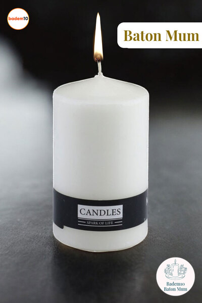 Badem10 Baton Mum Beyaz Silindir Dekoratif Mumu Kandil Hediyelik Fitilli Muml...