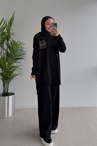 Ka Hijab Stoned Pocket Mercerized Hijab Set - Black