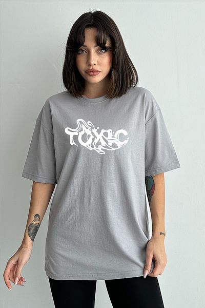 zunop Γυναικείο μπλουζάκι με γκρι Toxic printed Crew Neck Oversize