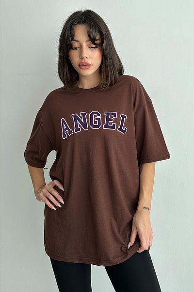 zunop Γυναικείο μπλουζάκι με στάμπα Angel με λαιμόκοψη σε καφέ χρώμα