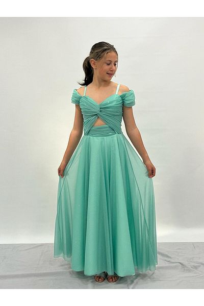BUTİKHAPPYKİDS Girl's Green Strap Shoulder Detailed Sparkly Tulle Long Evening Dress 10-15 Years