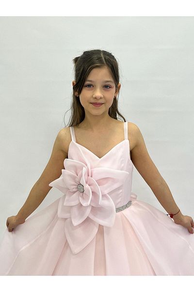 BUTİKHAPPYKİDS Girl's Evening Dress Powder Large Floral Stone Detailed Hoop Wedding Dress 2-11 Years