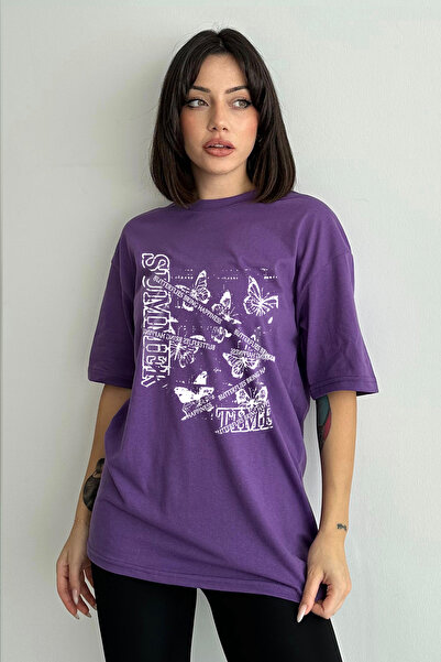 Stendhal Γυναικείο μωβ καλοκαιρινό μπλουζάκι με στάμπα με λαιμόκοψη