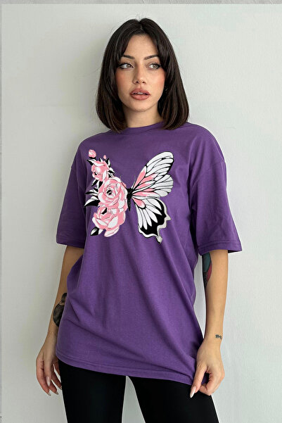 Stendhal Tricou oversize pentru damă, mov, floral, cu imprimeu cu fluturi