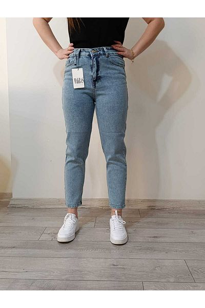 MAKRAS EXCLUSIVE Denim albastru din Lycra cu talie înaltă anii 90 - Blugi Boyfrend cu spălare pe zăpadă
