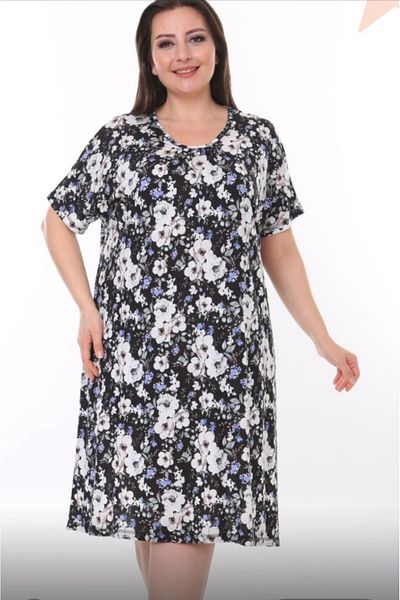 Etoile Etoi̇le Flower Patterned Bamboo Short Sleeve Large Size Dress Nightwear