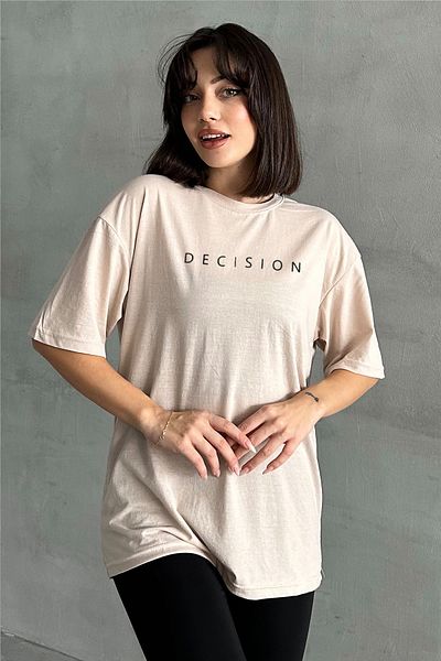 zunop Γυναικείο μπλουζάκι με στάμπα μπεζ Decision Crew Neck Oversize