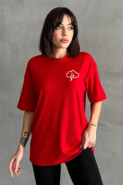 Stendhal Tricou oversize pentru damă, roșu, cu imprimeu cu nori mici