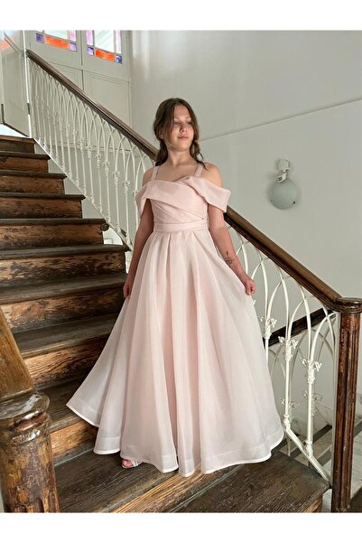 BUTİKHAPPYKİDS Kız Uzun Pudra Askılı Şifon Abiye 6-14 Yaş