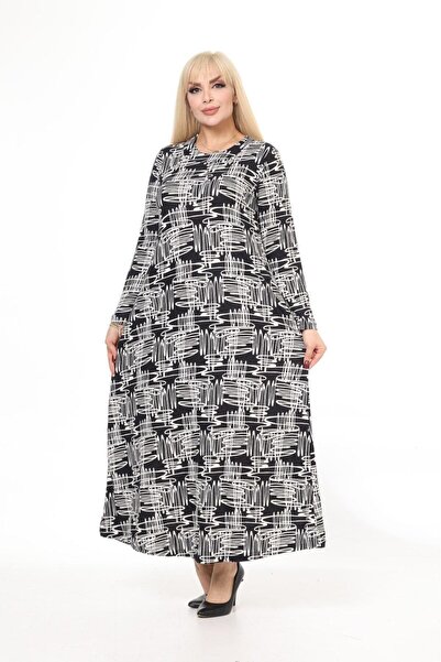 kısmet sepeti Γυναικείο φόρεμα με απαλή υφή ασπρόμαυρο με μικτό σχέδιο