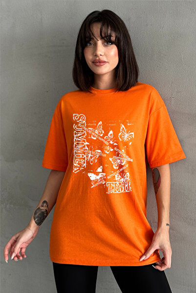 Stendhal Γυναικείο μπλουζάκι με πορτοκαλί καλοκαιρινό εμπριμέ με λαιμόκοψη