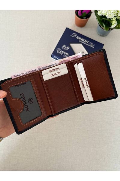 DERKON Genuine Leather Magnet Fold Men's Wallet Sakura Model Black Inside Tan