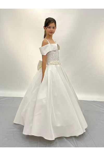 BUTİKHAPPYKİDS Girl's 2-11 Years Shiny Flower Patterned Strappy Evening Dress - Off Shoulder Detail
