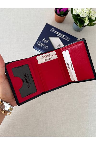 DERKON Genuine Leather Magnet Fold Men's Wallet Sakura Model Black Inside Red