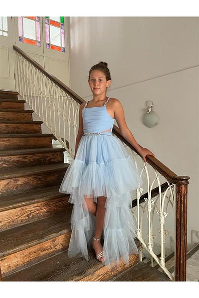 BUTİKHAPPYKİDS Βραδινό φόρεμα για κορίτσια με λουράκι με μπλε αλυσίδα με λεπτομέρεια διπλωμένη φούστα με ουρά 10-15 ετών