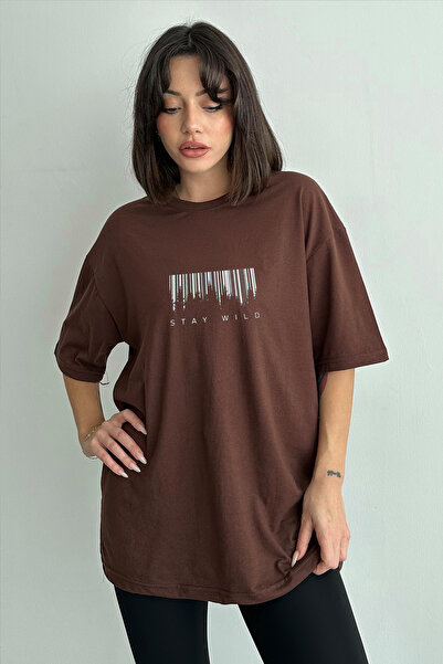 Stendhal Γυναικείο μπλουζάκι με στάμπα σε καφέ Stay Wild Crew Neck Oversize