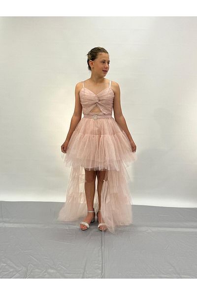 BUTİKHAPPYKİDS Girl's Powder Sparkly Tulle Front Court Train Folded Evening Dress 9-14 Years