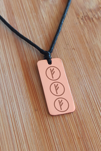 markajda Fehu Rune Üçlemesi Kolye - Saf Bakır - El İşçiliği