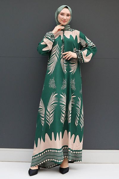 GİZ AGİYİM Φόρεμα Hijab με φύλλα σμαραγδιού