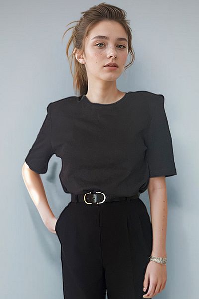 poupee Anthracite Padded T-shirt - Round Neck, Short Sleeve, Knitted T-shirt