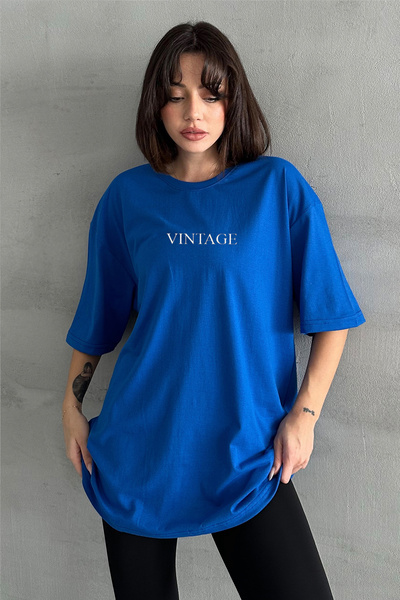 Stendhal Γυναικείο μπλουζάκι με μπλε vintage εμπριμέ Crew Neck Oversize