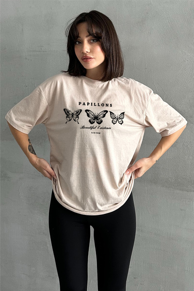 Stendhal تي شيرت نسائي بيج بابليون بياقة دائرية ومطبوع على شكل فراشة مقاس كبير