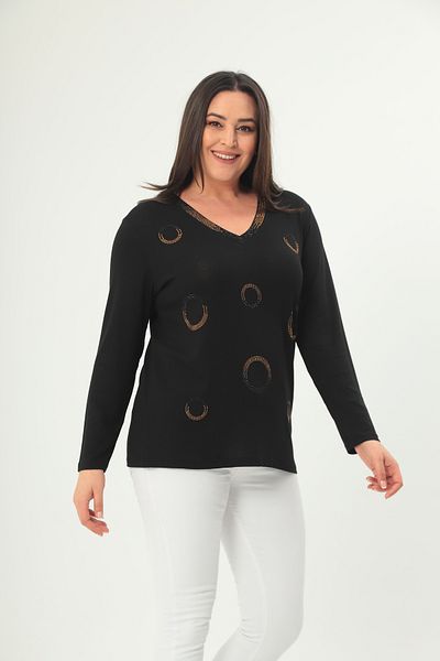 Şans Women's Plus Size Black Stone Detail V-Neck Blouse 65N38716