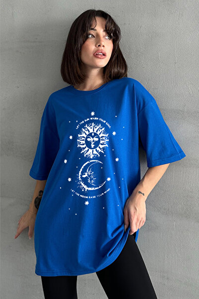 Stendhal Tricou oversize cu decolteu rotund cu imprimeu astral albastru pentr...