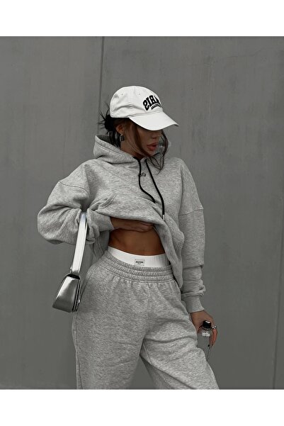 asfamoda Hanorac unisex cu glugă premium cu trei fire Gri Melange