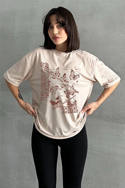 Stendhal Γυναικείο μπλουζάκι μπεζ Summer Time με στάμπα με λαιμόκοψη Oversize