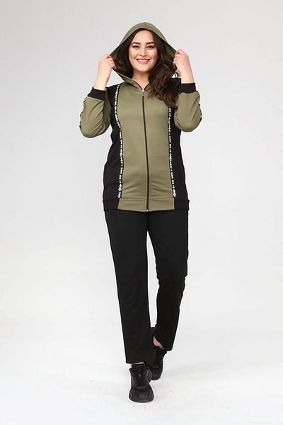 Şans Women's Plus Size Khaki Zipper and Stripe Detailed Hooded Tracksuit Suit 65N38708