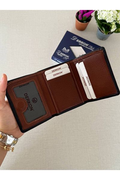 DERKON Genuine Leather Magnet Fold Men's Wallet Sakura Model Black Inside Tan