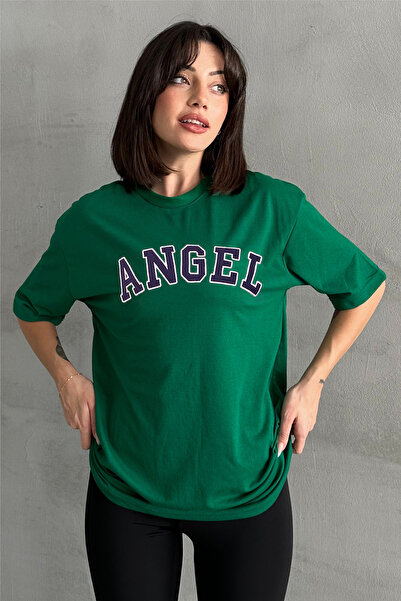 Stendhal Tricou oversize cu decolteu rotund cu imprimeu Green Angel pentru femei
