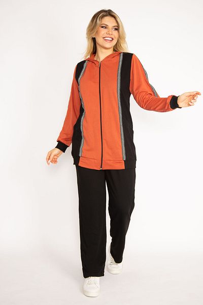 Şans Plus Size Orange Hooded Tracksuit Set with Zipper and Stripe Detail 65N38708