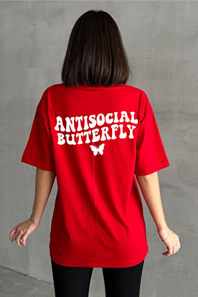 Stendhal Tricou oversize pentru damă, roșu, antisocial, cu imprimeu cu fluturi