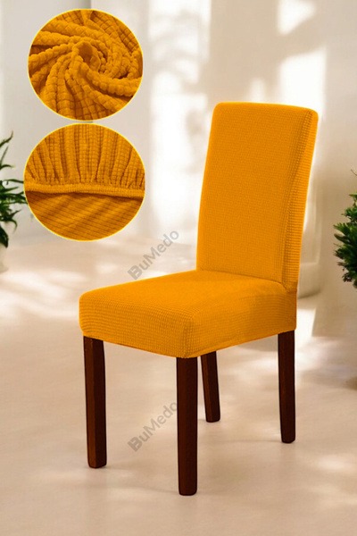 Bumedo Bambu Nano Kumaş Likralı Yıkanabilir 6'lı Sandalye Kılıfı Lastikli Sandalye Örtüsü (6 ADET) - Hardal