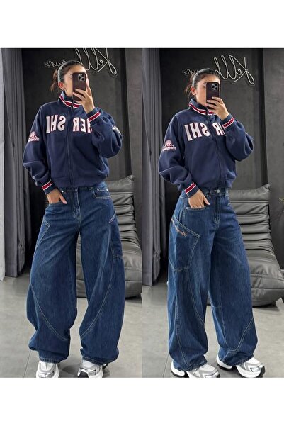 BALİNA Asimetrične Y2K farmerke plave široke hlače sa džepovima