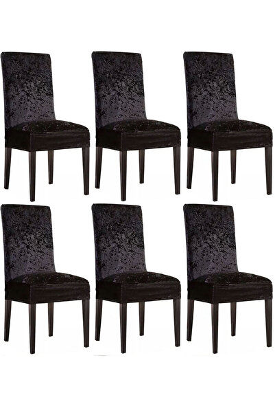 Bumedo Ipek Kadife 6'lı Sandalye Kılıfı Likralı Lastikli Kadife Sandalye Örtüsü (6 ADET) - Siyah