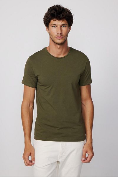 Tudors Pánské tričko Slim Fit Slim Fit Bavlna Měkká textura Lycra Flexibilní tkanina Basic Khaki Crew Neck Tričko