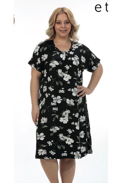 Etoile Etoi̇le Flower Patterned Bamboo Short Sleeve Large Size Dress Nightwear