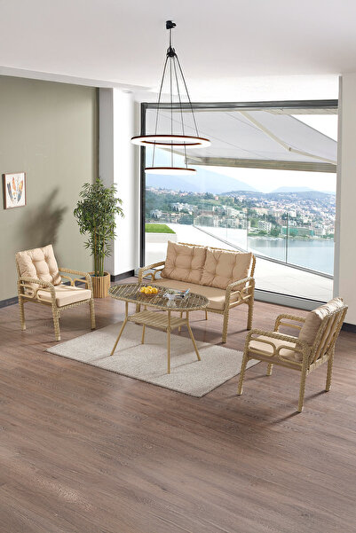 Evdemo Rio Rattan Bahçe Balkon Oturma Takımı 2+1+1+Camlı Masa Cappuccino