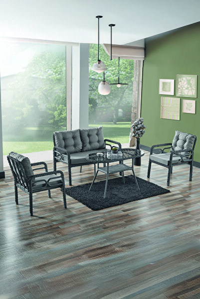 Evdemo Rio Rattan Bahçe Balkon Oturma Takımı 2+1+1+Camlı Masa Gri