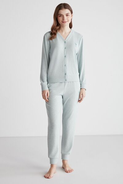 U.S. Polo Assn. 16956 Women's Green Melange V Neck Front Button Long Sleeve Pajamas Set